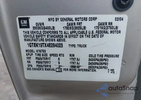 2004 GMC Sierra 1500 Sle from USA, damaged, VIN 1GTEK19TX4E284023